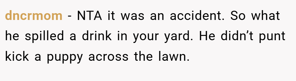 dncrmom − NTA it was an accident. So what he spilled a drink in your yard. He didn’t punt kick a puppy across the lawn.