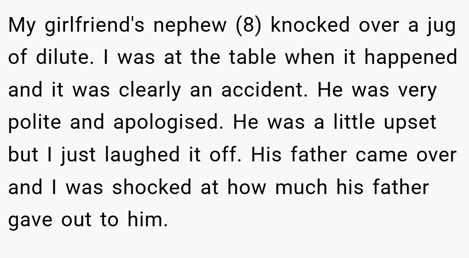 My girlfriend's nephew (8) knocked over a jug of dilute. I was at the table when it happened and it was clearly an accident. He was very polite and apologised. He was a little upset but I just laughed it off. His father came over and I was shocked at how much his father gave out to him.