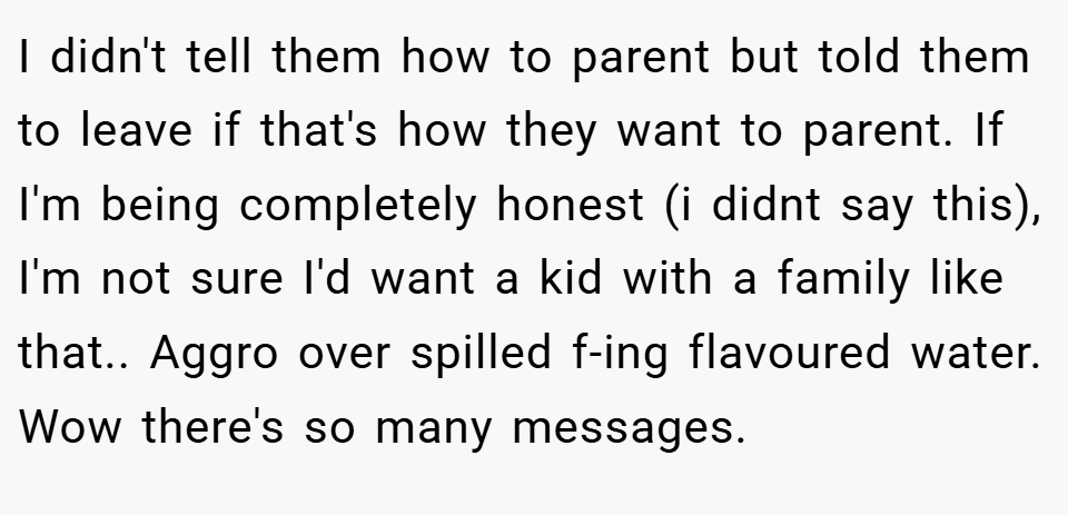 I didn't tell them how to parent but told them to leave if that's how they want to parent. If I'm being completely honest (i didnt say this), I'm not sure I'd want a kid with a family like that.. Aggro over spilled f-ing flavoured water. Wow there's so many messages.