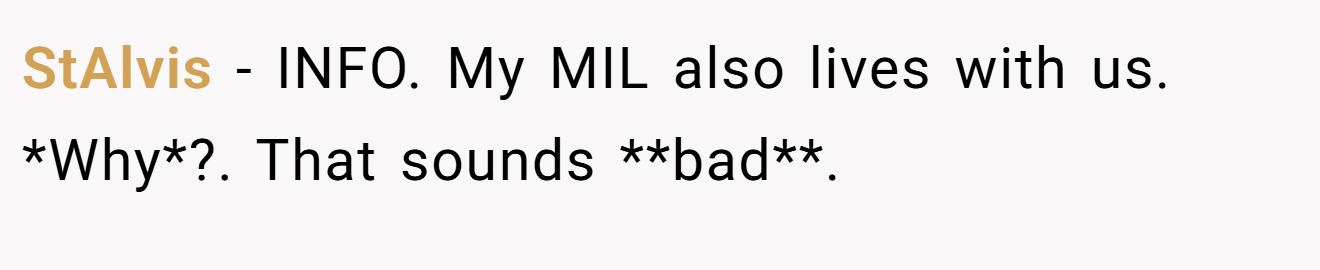 StAlvis − INFO. My MIL also lives with us. *Why*?. That sounds **bad**.