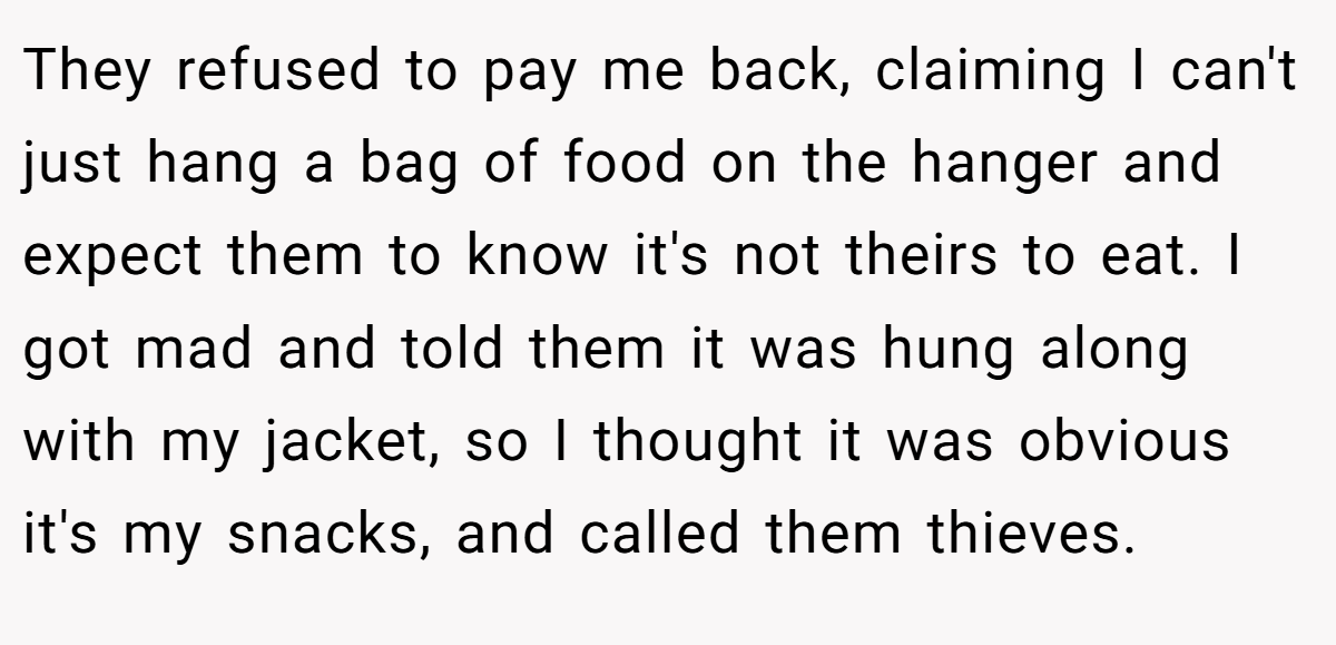 They refused to pay me back, claiming I can't just hang a bag of food on the hanger and expect them to know it's not theirs to eat. I got mad and told them it was hung along with my jacket, so I thought it was obvious it's my snacks, and called them thieves.