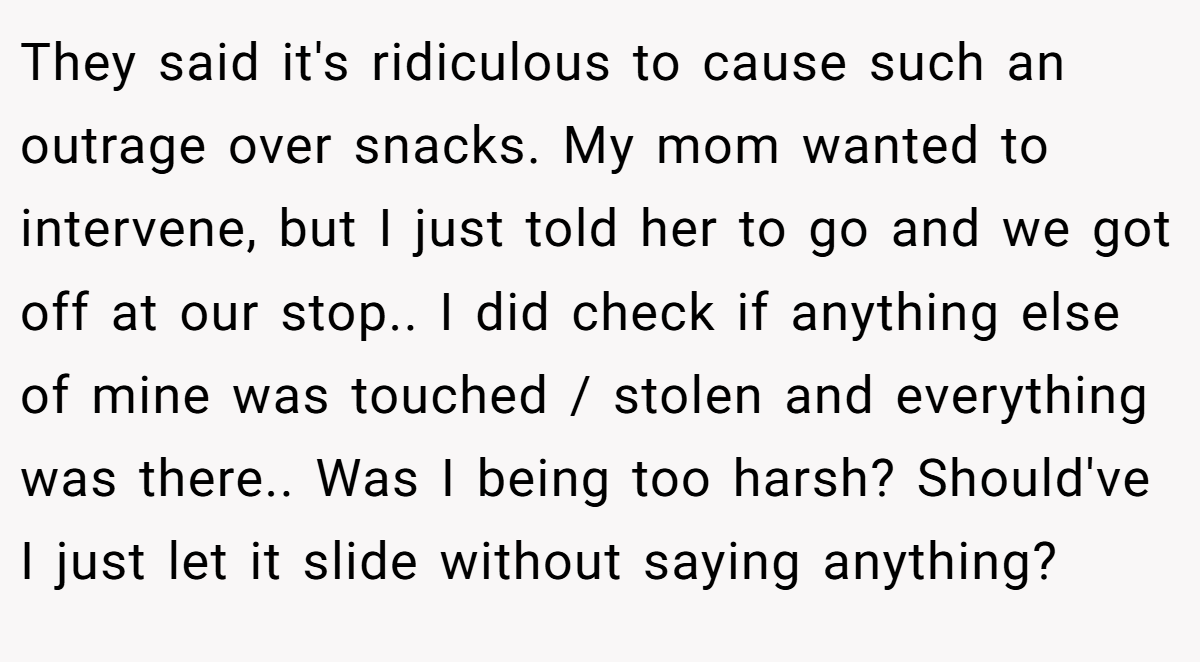 They said it's ridiculous to cause such an outrage over snacks. My mom wanted to intervene, but I just told her to go and we got off at our stop.. I did check if anything else of mine was touched / stolen and everything was there.. Was I being too harsh? Should've I just let it slide without saying anything?