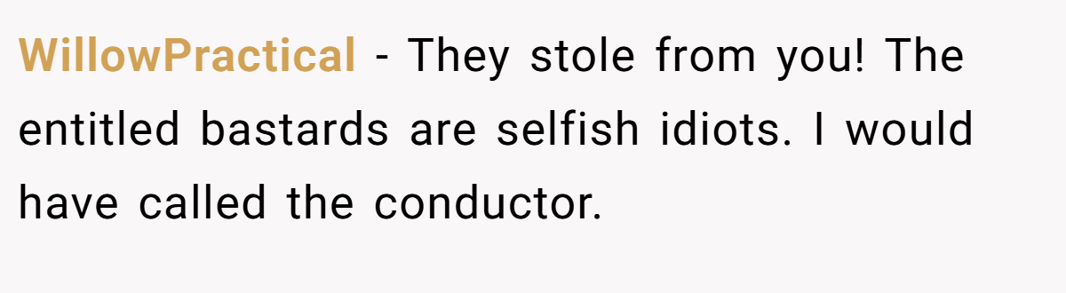 WillowPractical − They stole from you! The entitled bastards are selfish idiots. I would have called the conductor.