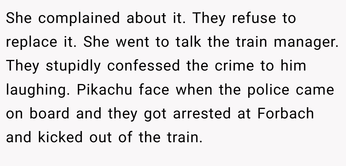 She complained about it. They refuse to replace it. She went to talk the train manager. They stupidly confessed the crime to him laughing. Pikachu face when the police came on board and they got arrested at Forbach and kicked out of the train.