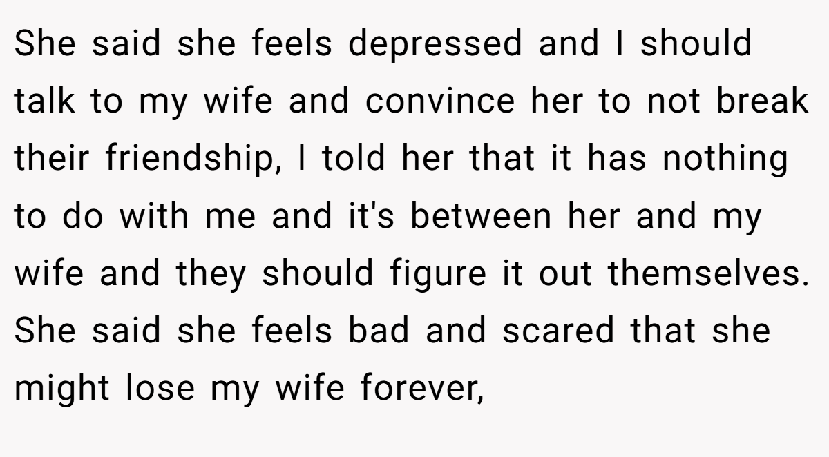 She said she feels depressed and I should talk to my wife and convince her to not break their friendship, I told her that it has nothing to do with me and it's between her and my wife and they should figure it out themselves. She said she feels bad and scared that she might lose my wife forever,