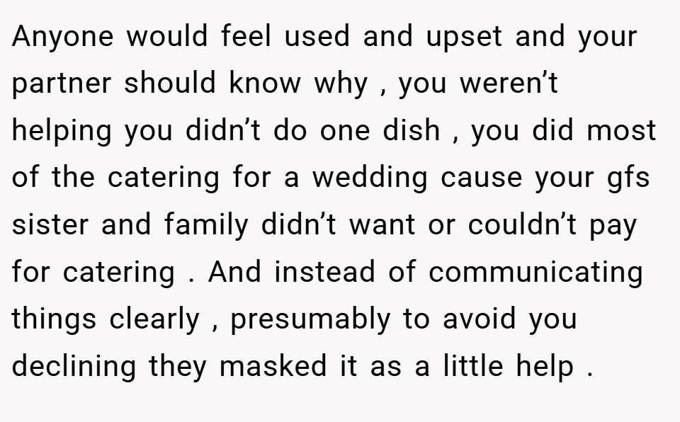 Anyone would feel used and upset and your partner should know why , you weren’t helping you didn’t do one dish , you did most of the catering for a wedding cause your gfs sister and family didn’t want or couldn’t pay for catering . And instead of communicating things clearly , presumably to avoid you declining they masked it as a little help .