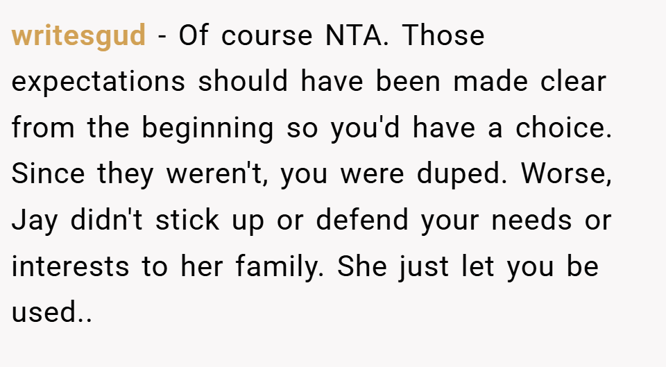 writesgud − Of course NTA. Those expectations should have been made clear from the beginning so you'd have a choice. Since they weren't, you were duped. Worse, Jay didn't stick up or defend your needs or interests to her family. She just let you be used..