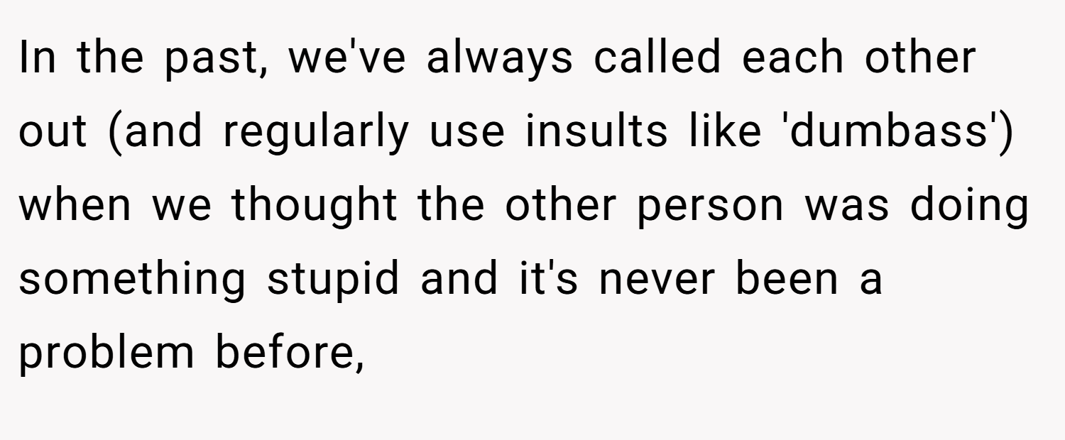 In the past, we've always called each other out (and regularly use insults like 'dumbass') when we thought the other person was doing something stupid and it's never been a problem before,