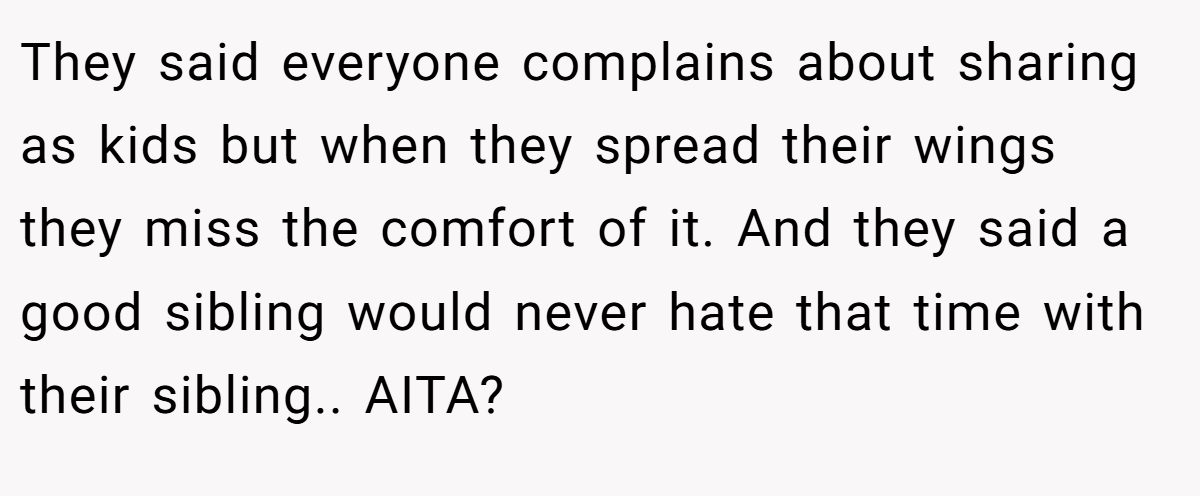They said everyone complains about sharing as kids but when they spread their wings they miss the comfort of it. And they said a good sibling would never hate that time with their sibling.. AITA?