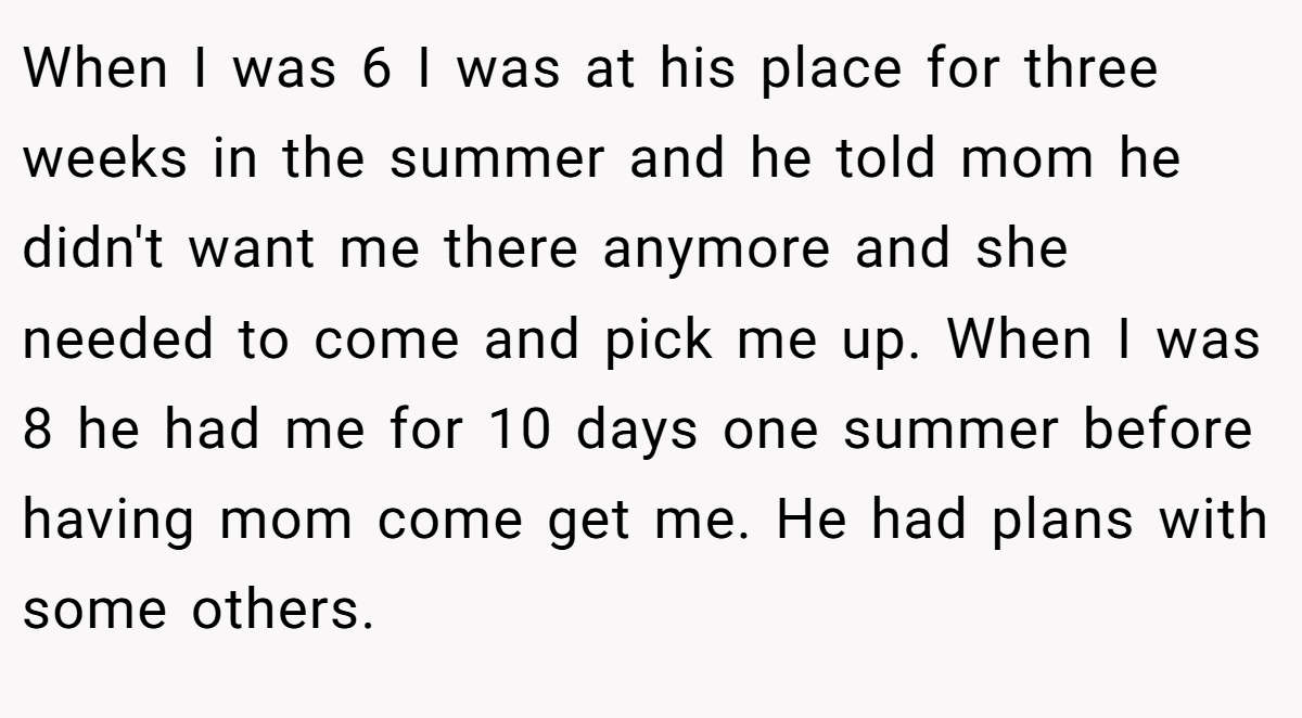 When I was 6 I was at his place for three weeks in the summer and he told mom he didn't want me there anymore and she needed to come and pick me up. When I was 8 he had me for 10 days one summer before having mom come get me. He had plans with some others.