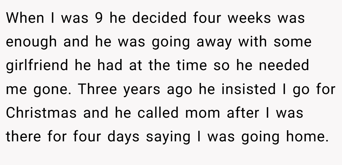 When I was 9 he decided four weeks was enough and he was going away with some girlfriend he had at the time so he needed me gone. Three years ago he insisted I go for Christmas and he called mom after I was there for four days saying I was going home.