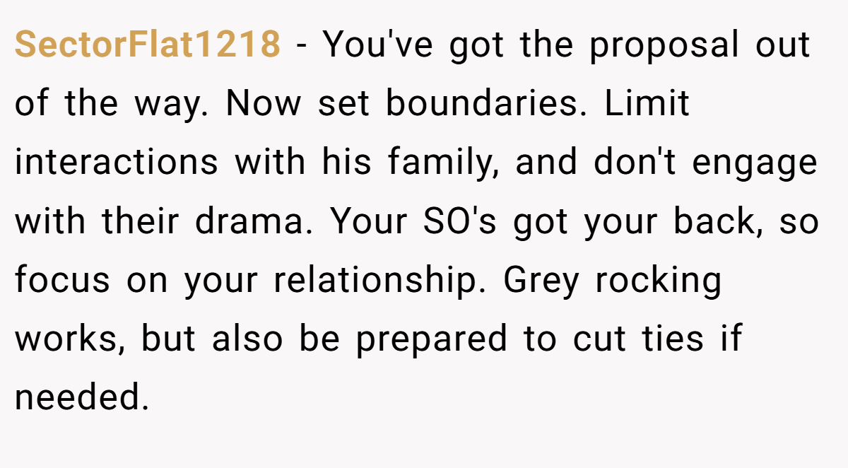 SectorFlat1218 − You've got the proposal out of the way. Now set boundaries. Limit interactions with his family, and don't engage with their drama. Your SO's got your back, so focus on your relationship. Grey rocking works, but also be prepared to cut ties if needed.