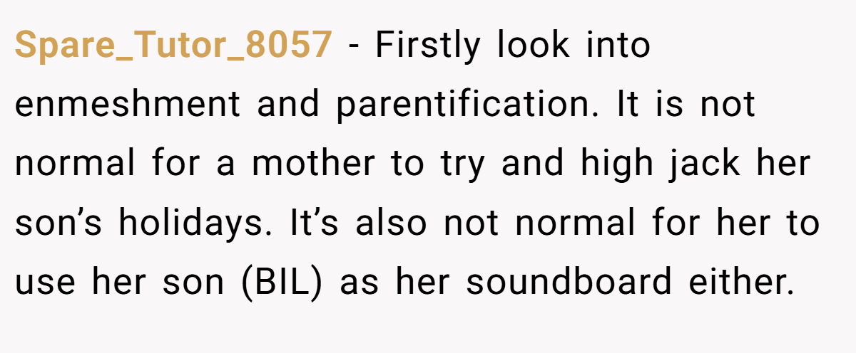 Spare_Tutor_8057 − Firstly look into enmeshment and parentification. It is not normal for a mother to try and high jack her son’s holidays. It’s also not normal for her to use her son (BIL) as her soundboard either.