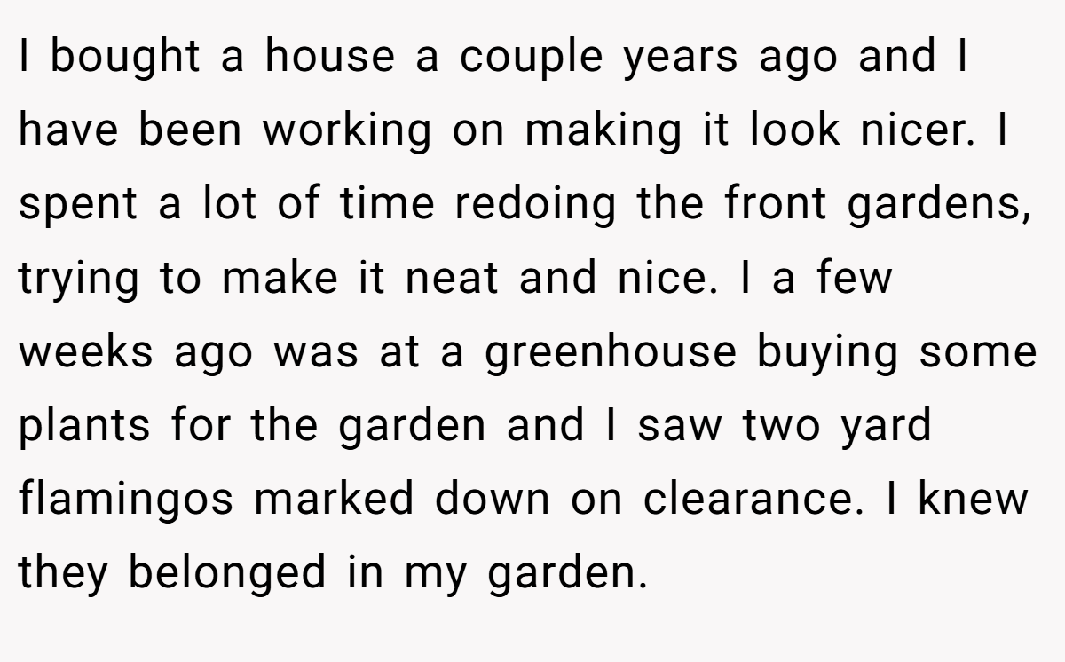 I bought a house a couple years ago and I have been working on making it look nicer. I spent a lot of time redoing the front gardens, trying to make it neat and nice. I a few weeks ago was at a greenhouse buying some plants for the garden and I saw two yard flamingos marked down on clearance. I knew they belonged in my garden.