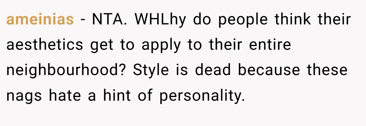 ameinias − NTA. WHLhy do people think their aesthetics get to apply to their entire neighbourhood? Style is dead because these nags hate a hint of personality. 