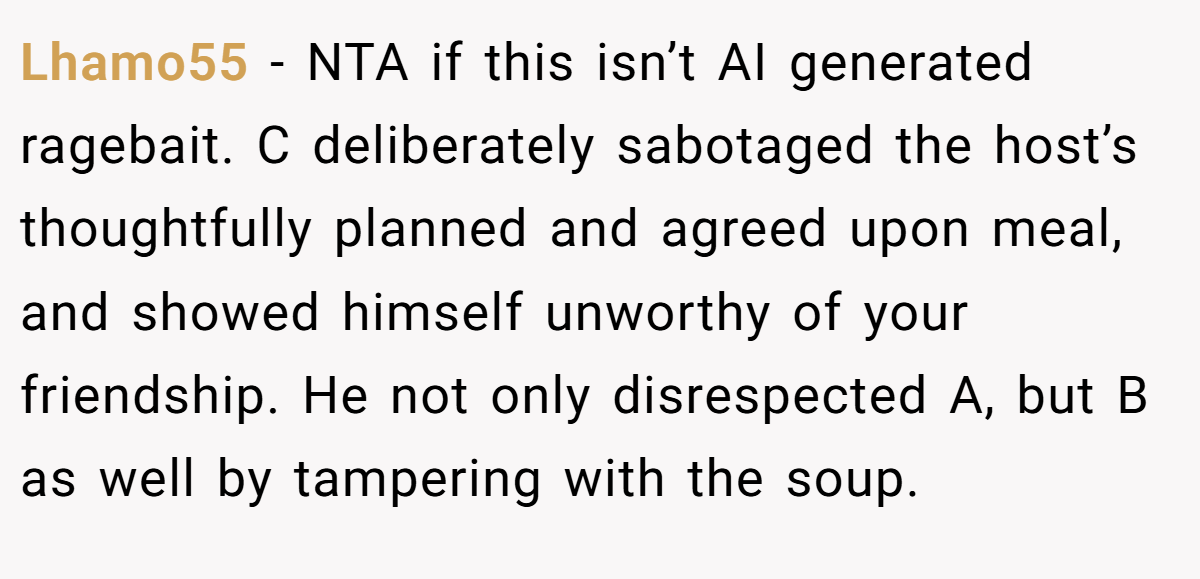 Lhamo55 − NTA if this isn’t AI generated ragebait. C deliberately sabotaged the host’s thoughtfully planned and agreed upon meal, and showed himself unworthy of your friendship. He not only disrespected A, but B as well by tampering with the soup.