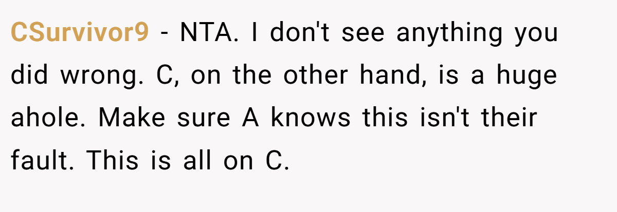 CSurvivor9 − NTA. I don't see anything you did wrong. C, on the other hand, is a huge ahole. Make sure A knows this isn't their fault. This is all on C.