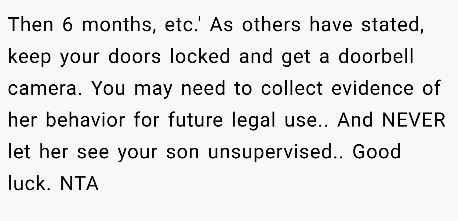 Then 6 months, etc.' As others have stated, keep your doors locked and get a doorbell camera. You may need to collect evidence of her behavior for future legal use.. And NEVER let her see your son unsupervised.. Good luck. NTA