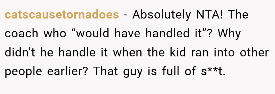 catscausetornadoes − Absolutely NTA! The coach who “would have handled it”? Why didn’t he handle it when the kid ran into other people earlier? That guy is full of s**t.