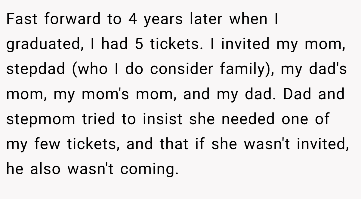 Fast forward to 4 years later when I graduated, I had 5 tickets. I invited my mom, stepdad (who I do consider family), my dad's mom, my mom's mom, and my dad. Dad and stepmom tried to insist she needed one of my few tickets, and that if she wasn't invited, he also wasn't coming.
