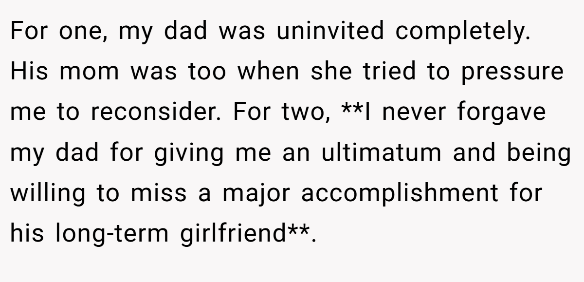 For one, my dad was uninvited completely. His mom was too when she tried to pressure me to reconsider. For two, **I never forgave my dad for giving me an ultimatum and being willing to miss a major accomplishment for his long-term girlfriend**.