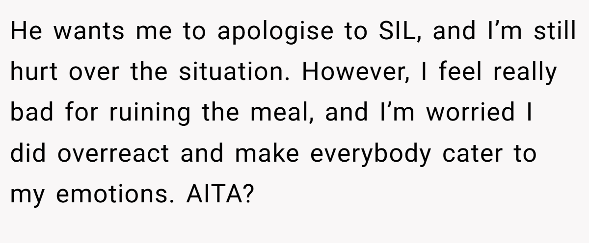 He wants me to apologise to SIL, and I’m still hurt over the situation. However, I feel really bad for ruining the meal, and I’m worried I did overreact and make everybody cater to my emotions. AITA?
