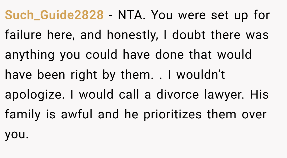 Such_Guide2828 − NTA. You were set up for failure here, and honestly, I doubt there was anything you could have done that would have been right by them. . I wouldn’t apologize. I would call a divorce lawyer. His family is awful and he prioritizes them over you.