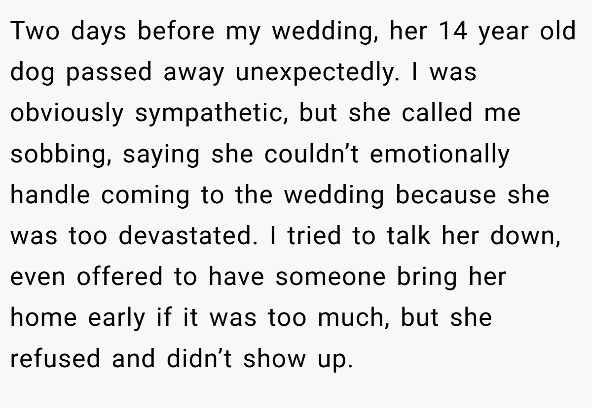 Two days before my wedding, her 14 year old dog passed away unexpectedly. I was obviously sympathetic, but she called me sobbing, saying she couldn’t emotionally handle coming to the wedding because she was too devastated. I tried to talk her down, even offered to have someone bring her home early if it was too much, but she refused and didn’t show up.