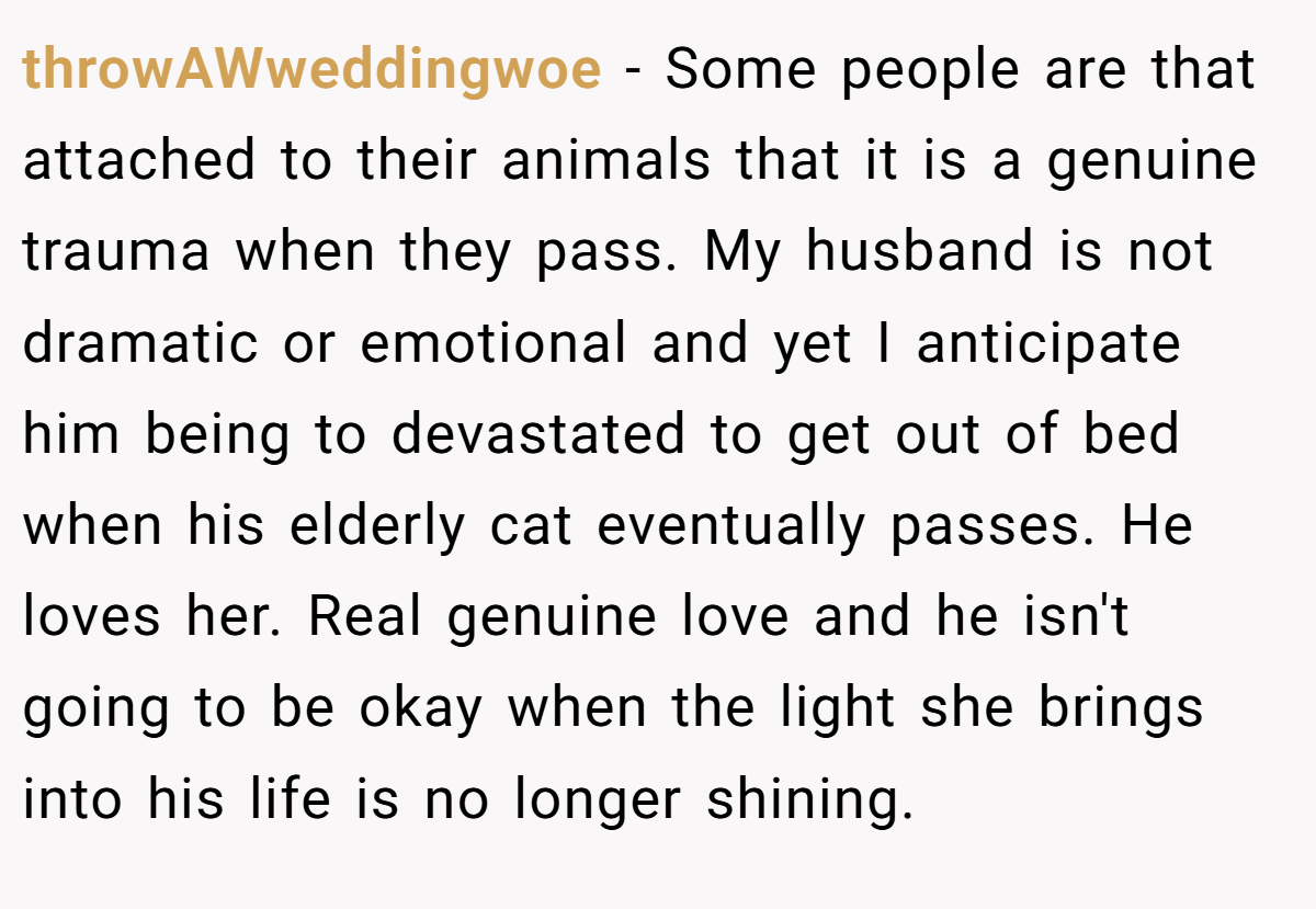 throwAWweddingwoe − Some people are that attached to their animals that it is a genuine trauma when they pass. My husband is not dramatic or emotional and yet I anticipate him being to devastated to get out of bed when his elderly cat eventually passes. He loves her. Real genuine love and he isn't going to be okay when the light she brings into his life is no longer shining.