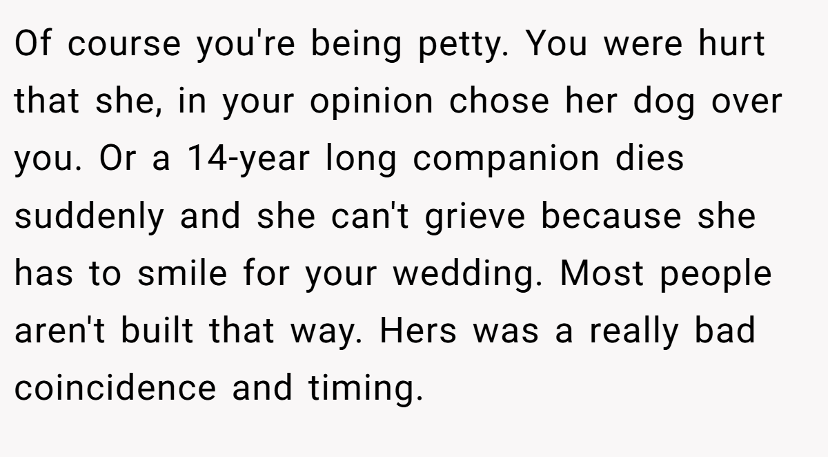 Of course you're being petty. You were hurt that she, in your opinion chose her dog over you. Or a 14-year long companion dies suddenly and she can't grieve because she has to smile for your wedding. Most people aren't built that way. Hers was a really bad coincidence and timing.