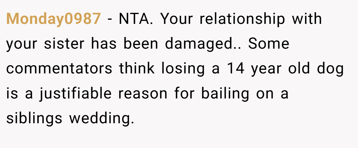 Monday0987 − NTA. Your relationship with your sister has been damaged.. Some commentators think losing a 14 year old dog is a justifiable reason for bailing on a siblings wedding.