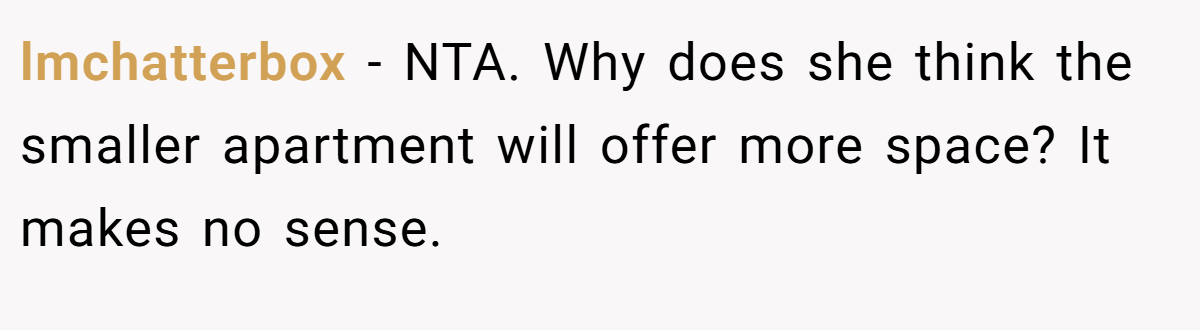 lmchatterbox − NTA. Why does she think the smaller apartment will offer more space? It makes no sense.