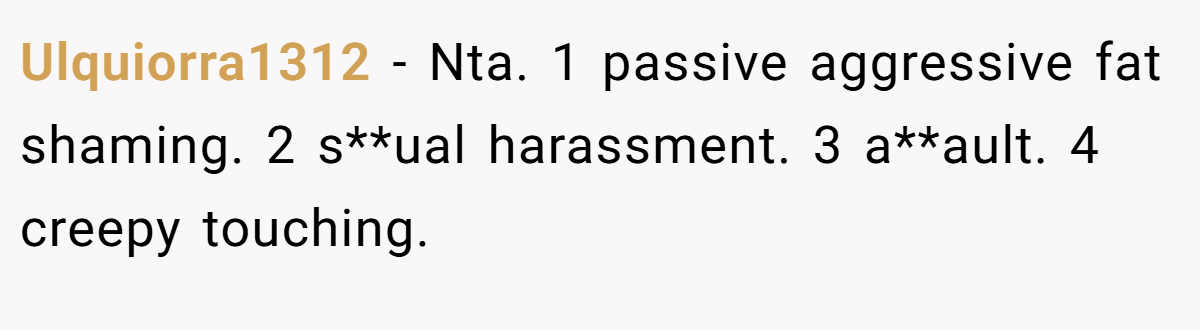 Ulquiorra1312 − Nta. 1 passive aggressive fat shaming. 2 s**ual harassment. 3 a**ault. 4 creepy touching.