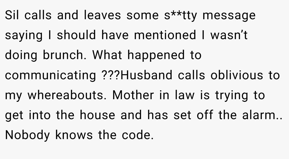 Sil calls and leaves some s**tty message saying I should have mentioned I wasn’t doing brunch. What happened to communicating ???Husband calls oblivious to my whereabouts. Mother in law is trying to get into the house and has set off the alarm.. Nobody knows the code.