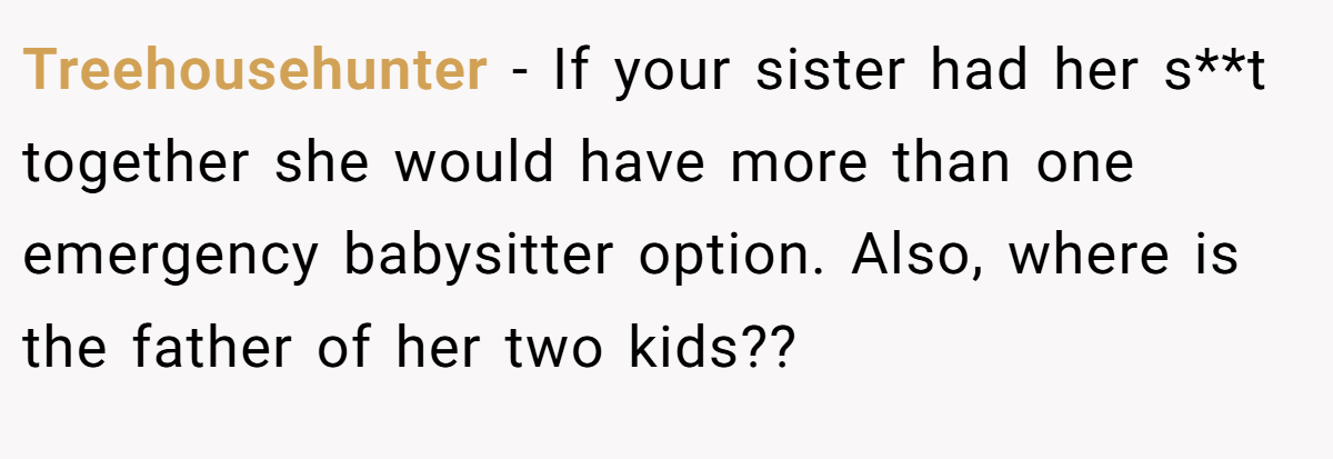 Treehousehunter − If your sister had her s**t together she would have more than one emergency babysitter option. Also, where is the father of her two kids??