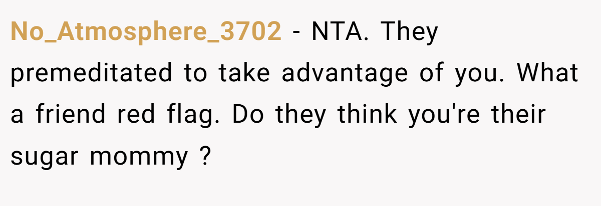 No_Atmosphere_3702 − NTA. They premeditated to take advantage of you. What a friend red flag. Do they think you're their sugar mommy ?