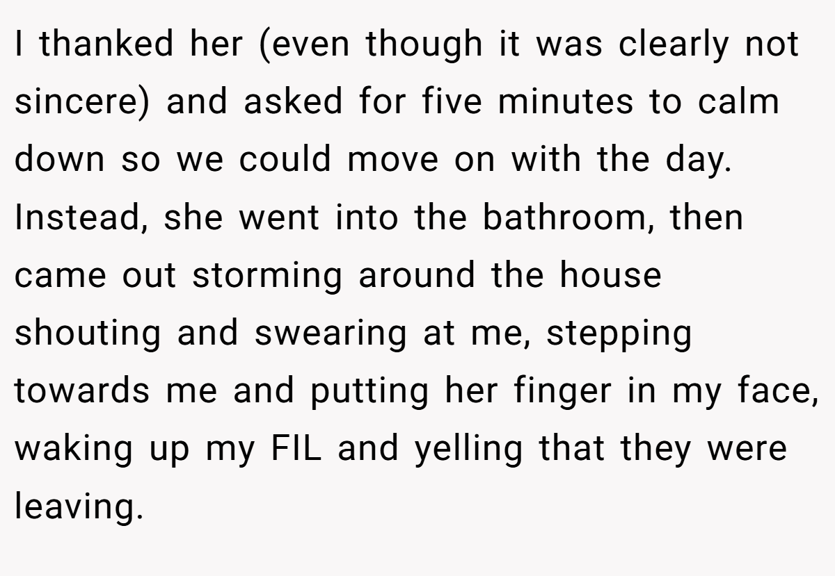 I thanked her (even though it was clearly not sincere) and asked for five minutes to calm down so we could move on with the day. Instead, she went into the bathroom, then came out storming around the house shouting and swearing at me, stepping towards me and putting her finger in my face, waking up my FIL and yelling that they were leaving.