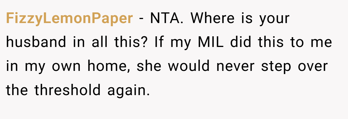 FizzyLemonPaper − NTA. Where is your husband in all this? If my MIL did this to me in my own home, she would never step over the threshold again.