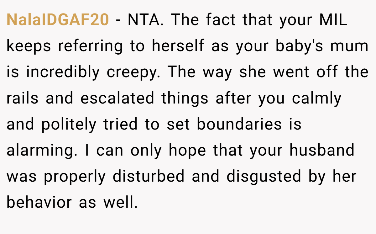 NalaIDGAF20 − NTA. The fact that your MIL keeps referring to herself as your baby's mum is incredibly creepy. The way she went off the rails and escalated things after you calmly and politely tried to set boundaries is alarming. I can only hope that your husband was properly disturbed and disgusted by her behavior as well.