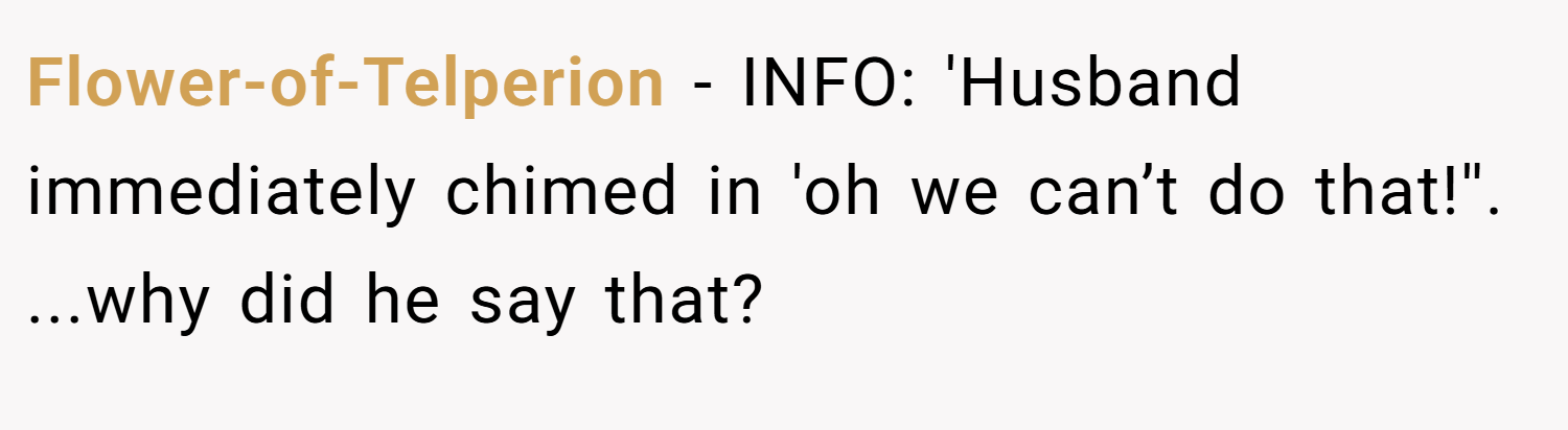 Flower-of-Telperion − INFO: 'Husband immediately chimed in 'oh we can’t do that!''. ...why did he say that?
