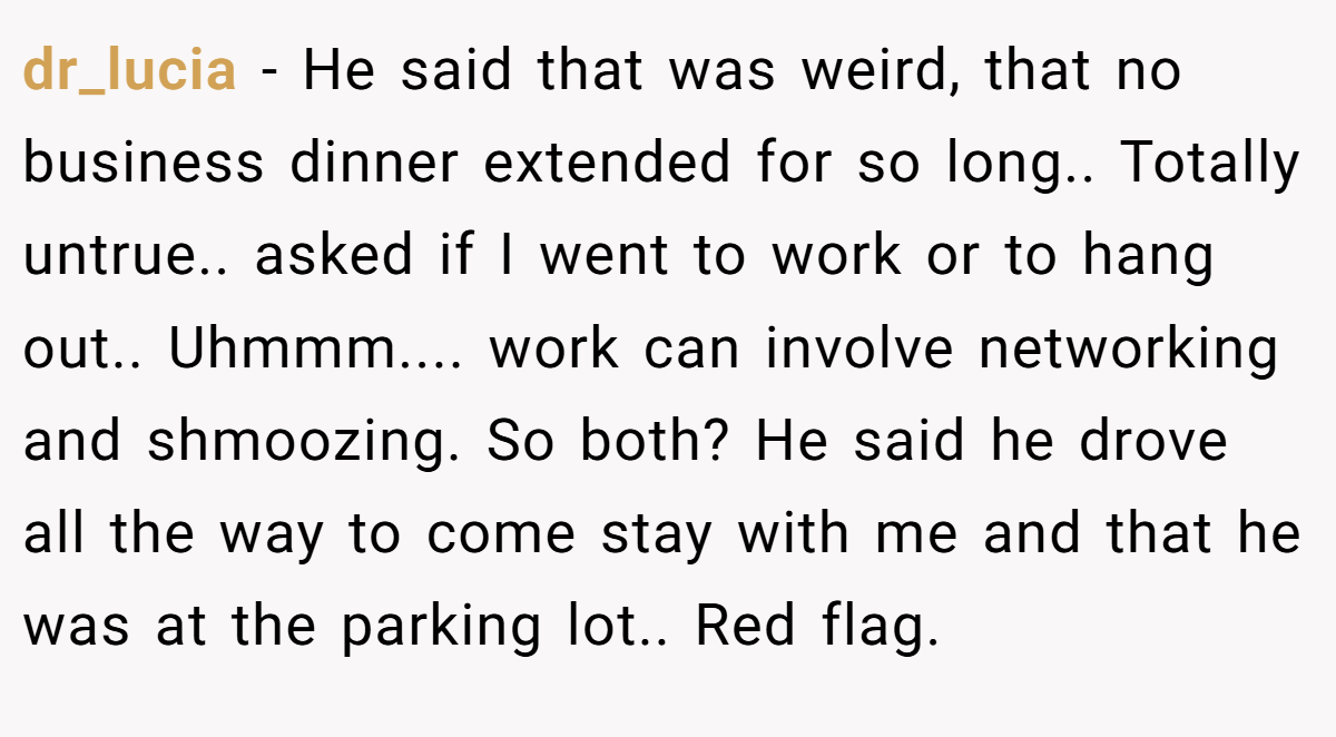 dr_lucia − He said that was weird, that no business dinner extended for so long.. Totally untrue.. asked if I went to work or to hang out.. Uhmmm.... work can involve networking and shmoozing. So both? He said he drove all the way to come stay with me and that he was at the parking lot.. Red flag.
