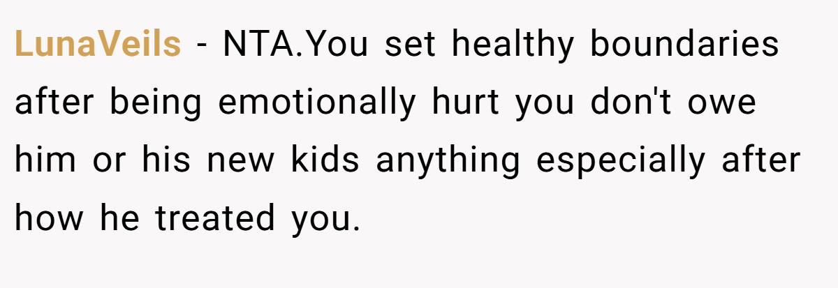 LunaVeils − NTA.You set healthy boundaries after being emotionally hurt you don't owe him or his new kids anything especially after how he treated you.