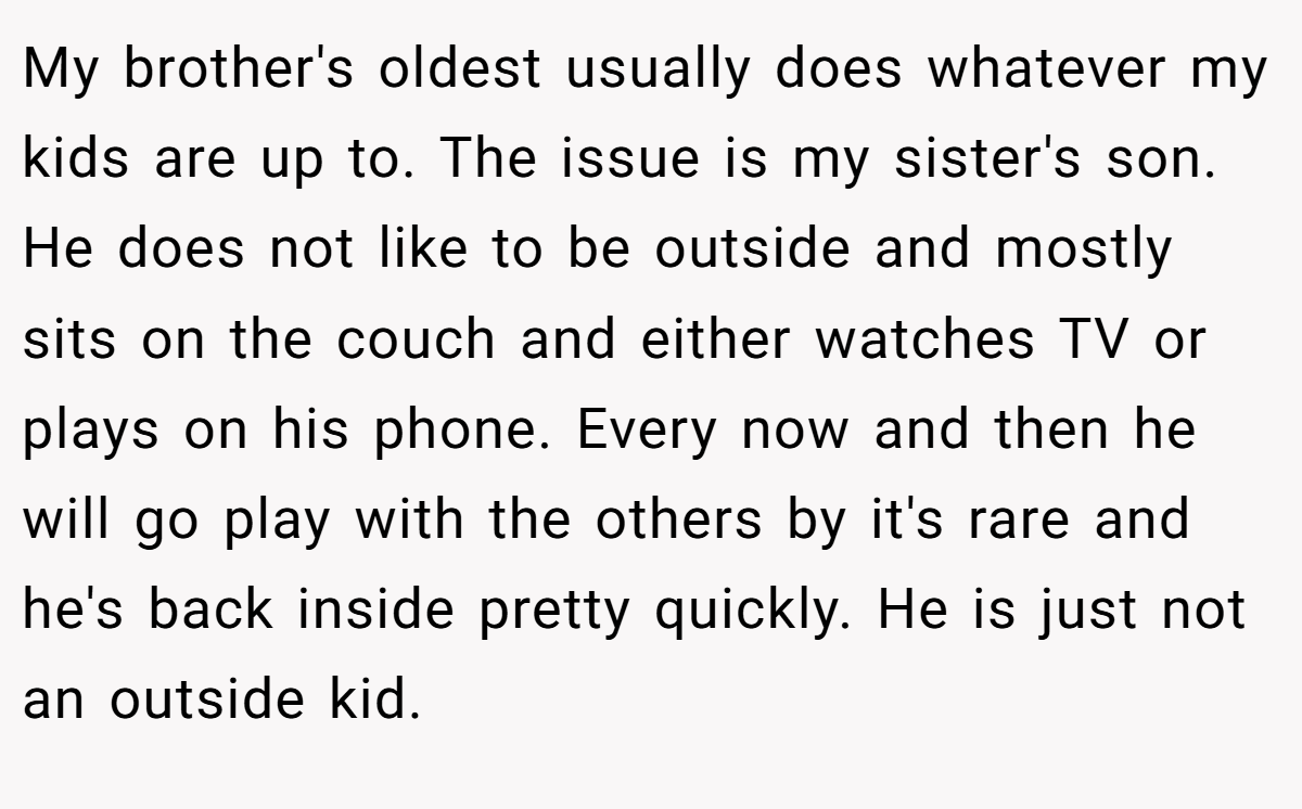 My brother's oldest usually does whatever my kids are up to. The issue is my sister's son. He does not like to be outside and mostly sits on the couch and either watches TV or plays on his phone. Every now and then he will go play with the others by it's rare and he's back inside pretty quickly. He is just not an outside kid.