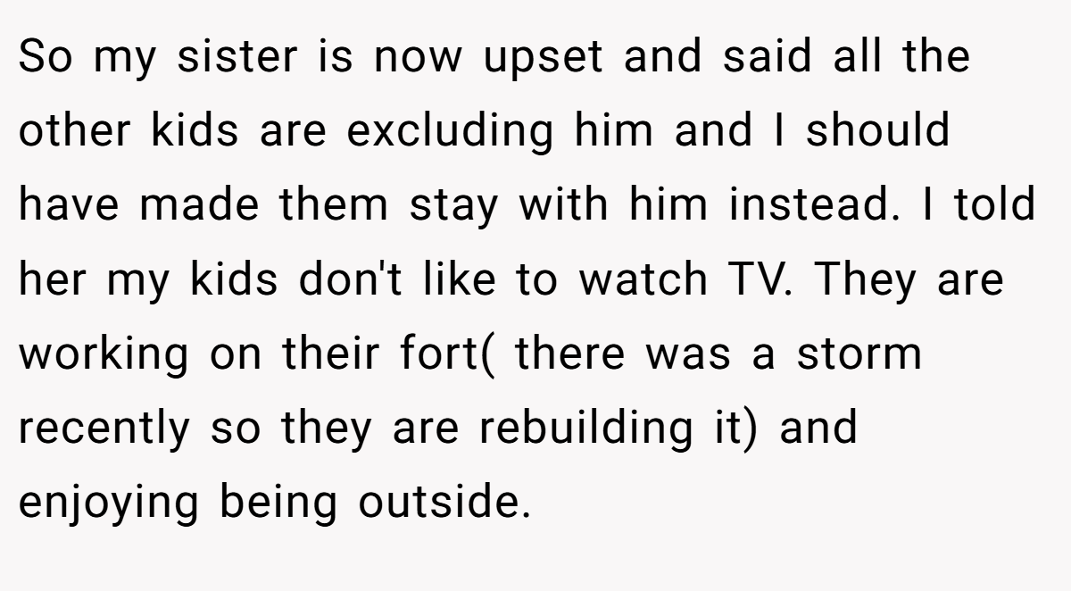 So my sister is now upset and said all the other kids are excluding him and I should have made them stay with him instead. I told her my kids don't like to watch TV. They are working on their fort( there was a storm recently so they are rebuilding it) and enjoying being outside.