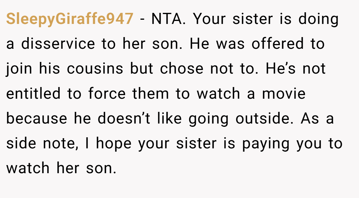 SleepyGiraffe947 − NTA. Your sister is doing a disservice to her son. He was offered to join his cousins but chose not to. He’s not entitled to force them to watch a movie because he doesn’t like going outside. As a side note, I hope your sister is paying you to watch her son.