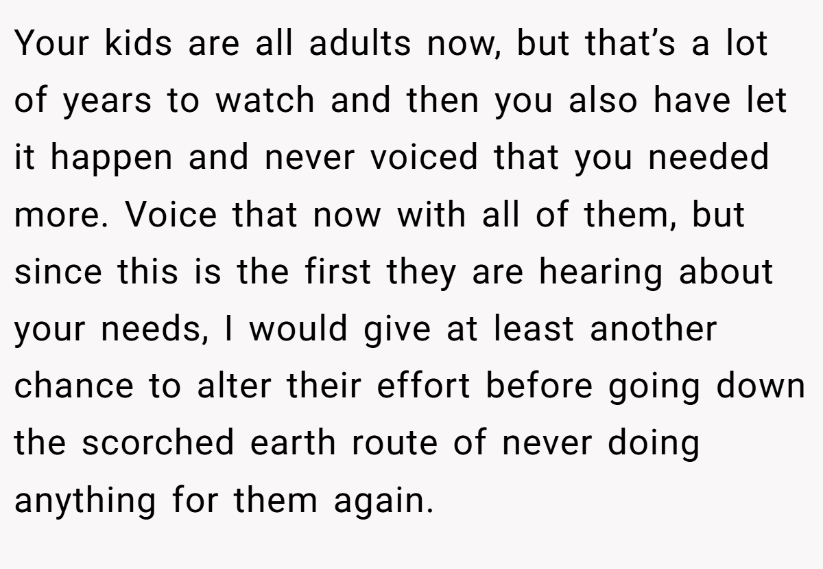 Your kids are all adults now, but that’s a lot of years to watch and then you also have let it happen and never voiced that you needed more. Voice that now with all of them, but since this is the first they are hearing about your needs, I would give at least another chance to alter their effort before going down the scorched earth route of never doing anything for them again.