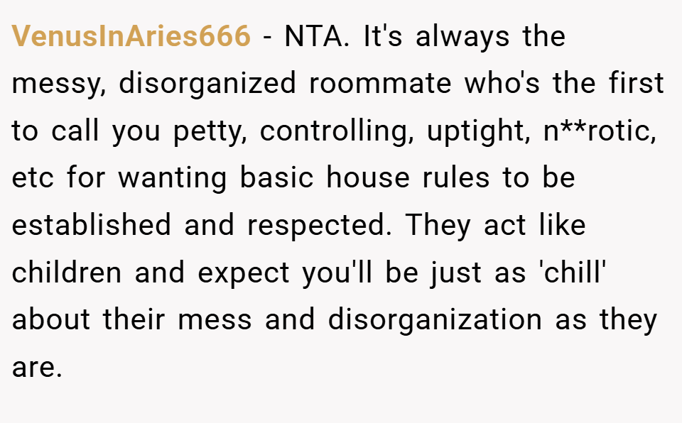 VenusInAries666 − NTA. It's always the messy, disorganized roommate who's the first to call you petty, controlling, uptight, n**rotic, etc for wanting basic house rules to be established and respected. They act like children and expect you'll be just as 'chill' about their mess and disorganization as they are.