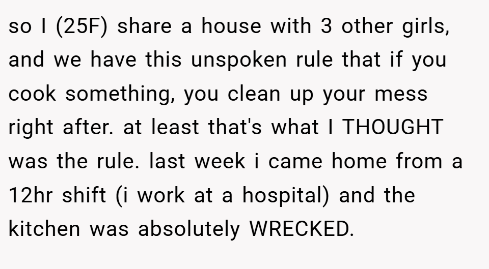 so I (25F) share a house with 3 other girls, and we have this unspoken rule that if you cook something, you clean up your mess right after. at least that's what I THOUGHT was the rule. last week i came home from a 12hr shift (i work at a hospital) and the kitchen was absolutely WRECKED.