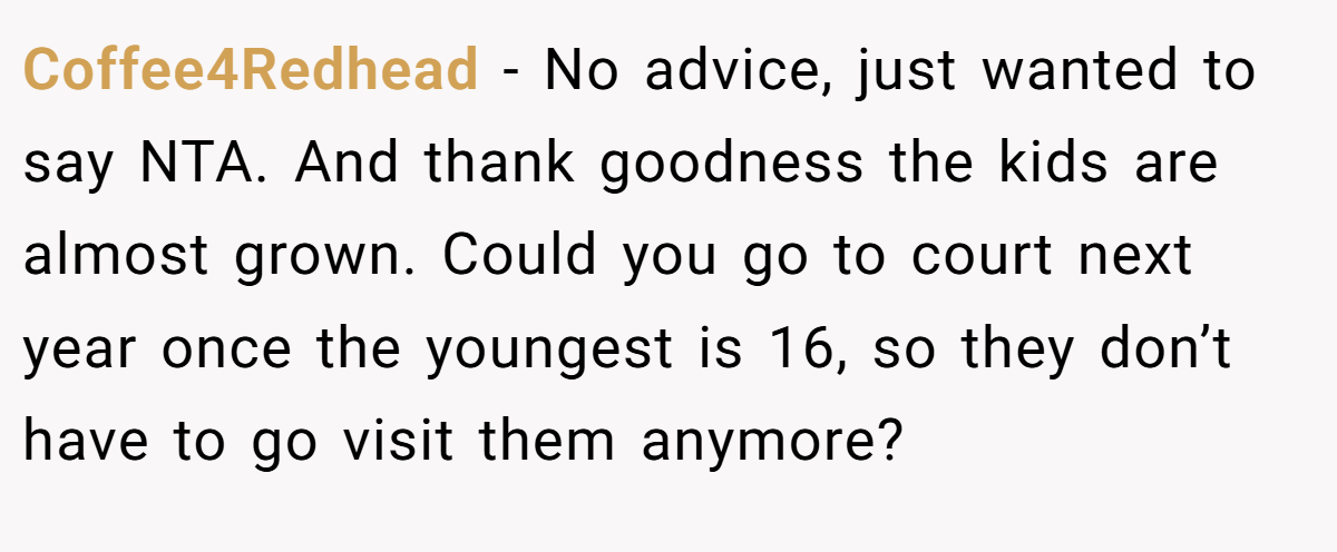 Coffee4Redhead − No advice, just wanted to say NTA. And thank goodness the kids are almost grown. Could you go to court next year once the youngest is 16, so they don’t have to go visit them anymore?