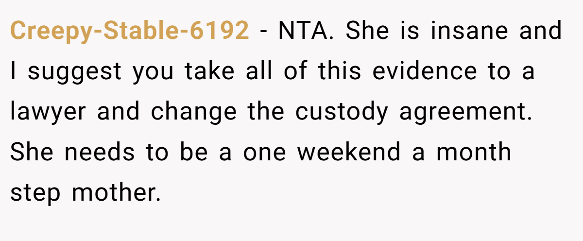 Creepy-Stable-6192 − NTA. She is insane and I suggest you take all of this evidence to a lawyer and change the custody agreement. She needs to be a one weekend a month step mother.